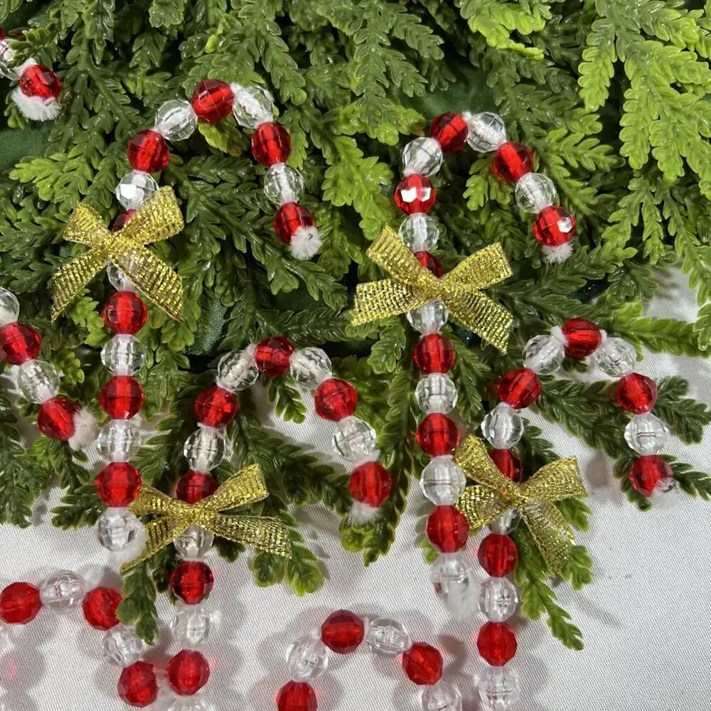 Vintage Beaded Candy Canes on Chenille Stems* Red w/ Modern Bows Set of 16